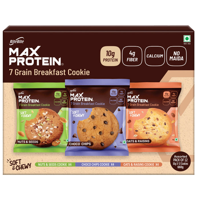 RiteBite Max Protein Cookie with 10g Protein and 4g Fiber (55gm Each) Assorted - Classic Derma