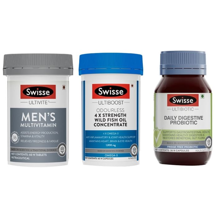 Men's Health Combo-Swisse Ultivite Men's Multivitamin 60 Tablet, Ultibiotic Daily Digestive Probiotic 30 Capsule & Ultiboost Odourless 4X Strength Wild Fish Oil Concentrate 60 Capsule - Classic Derma