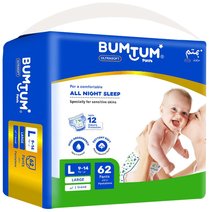 Bumtum Ultrasoft Baby Diaper Pants, Cottony Soft High Absorb Technology (62 Each) Large - Classic Derma