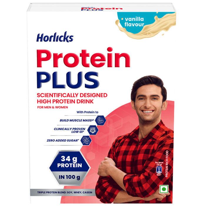 Horlicks Protein Plus with Triple Protein Blend of Soy, Whey, Casein | No Added Sugar | Flavour Vanilla - Classic Derma