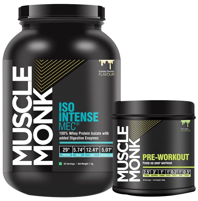 Muscle Monk Combo Pack of Iso Intense MEC 100% Whey Protein Isolate Creamy Vanilla 1kg & Pre-Workout Green Apple 300gm - Classic Derma