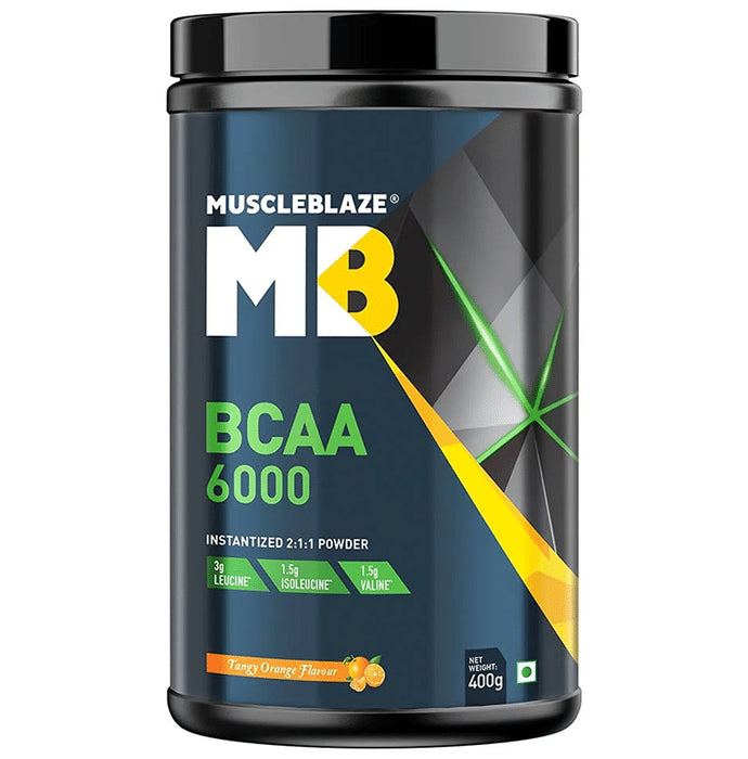 MuscleBlaze BCAA 6000 | With 2:1:1 of Leucine, Isoleucine & Valine | For Muscle Support | Flavour Powder Tangy Orange - Classic Derma