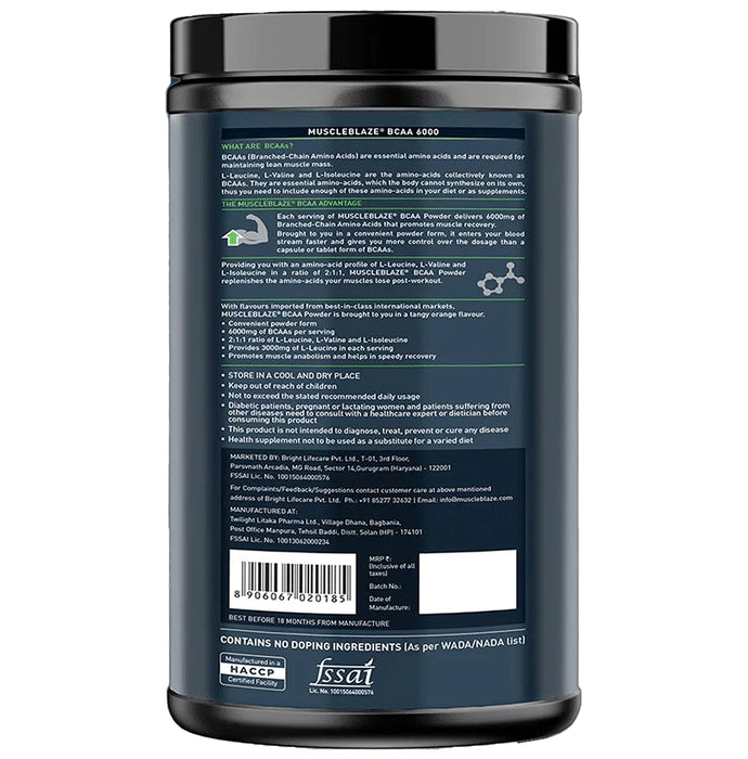 MuscleBlaze BCAA 6000 | With 2:1:1 of Leucine, Isoleucine & Valine | For Muscle Support | Flavour Powder Tangy Orange