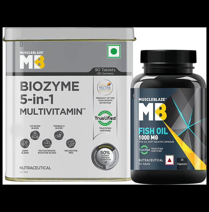 MuscleBlaze Combo Pack of Biozyme Daily Multivitamin 90 Tablet & Fish Oil 1000mg 30 Soft Gelatin Capsule - Classic Derma