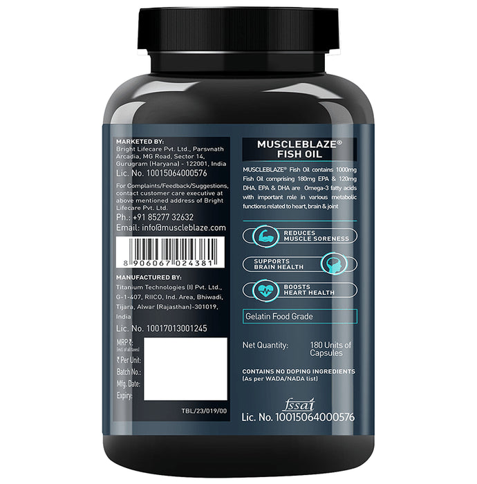 MuscleBlaze Fish Oil 1000mg | For Heart, Brain, Joint, Eyes & Immunity | Soft Gelatin Capsule