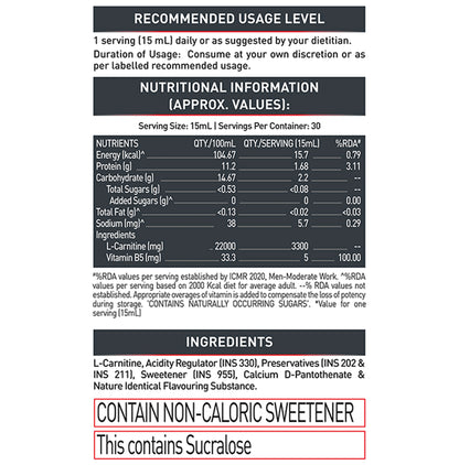 MuscleBlaze Liquid L-Carnitine Pro | For Energy, Fat Metabolism & Performance | Flavour Lemon Lime