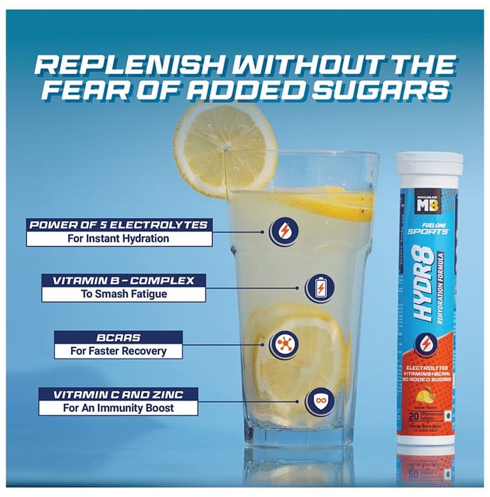 Muscleblaze MB Fuel One Sports Hydr8 Rehydration Formula Effervescent Tablet (20 Each) with Shaker 500ml Lemon