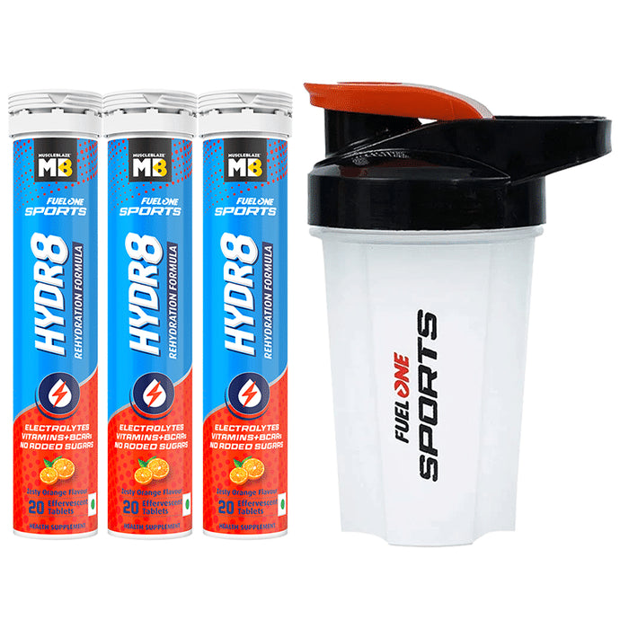 Muscleblaze MB Fuel One Sports Hydr8 Rehydration Formula Effervescent Tablet (20 Each) with Shaker 500ml Zesty Orange - Classic Derma