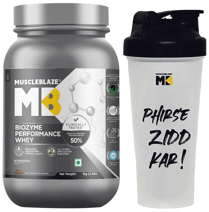 MuscleBlaze MuscleBlaze Biozyme Performance Whey Protein | For Muscle Gain | Improves Protein Absorption | Nutrition Care Powder Rich Chocolate with Shaker 650ml - Classic Derma