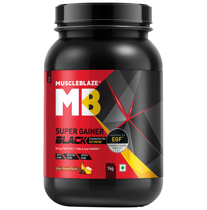 MuscleBlaze Super Gainer Black EGF Powder | No Added Sugar | Choco Banana - Classic Derma