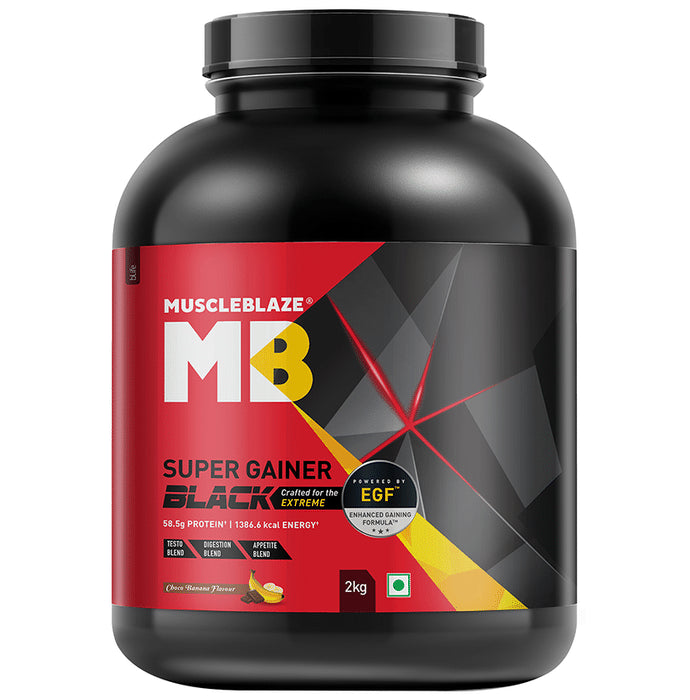 MuscleBlaze Super Gainer Black EGF Powder | No Added Sugar | Choco Banana - Classic Derma