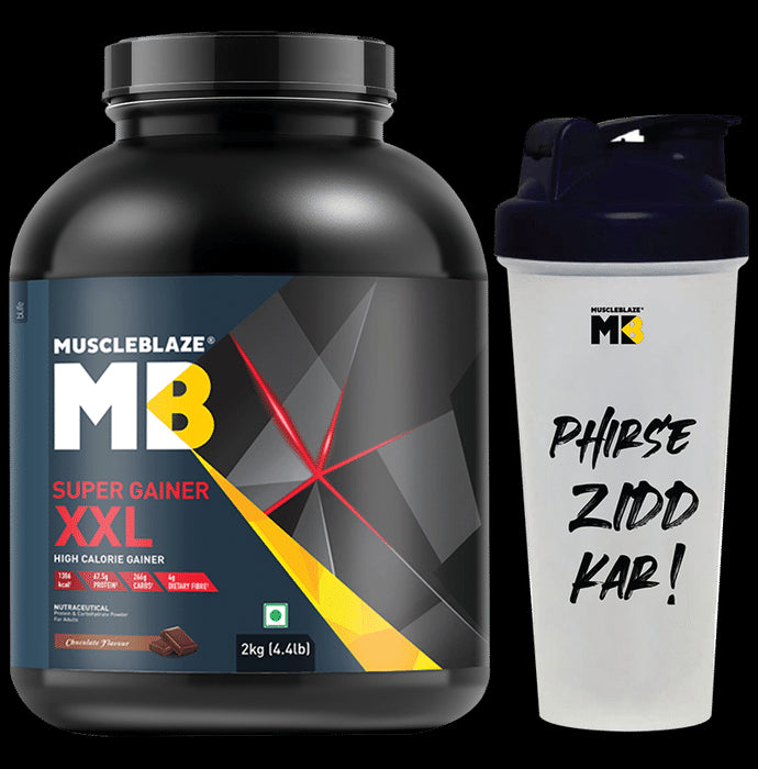 MuscleBlaze Super Gainer XXL for Muscle Growth | No Added Sugar | Powder Chocolate with Shaker 650ml - Classic Derma