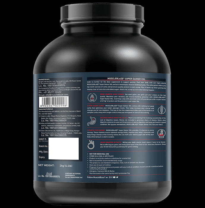 MuscleBlaze Super Gainer XXL for Muscle Growth | No Added Sugar | Powder Chocolate with Shaker 650ml