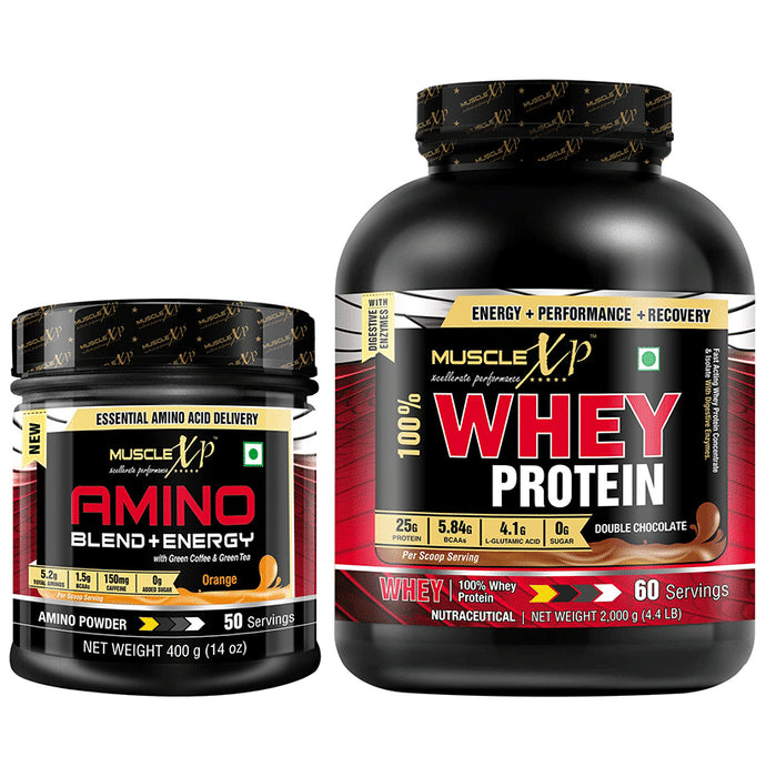 MuscleXP Combo Pack of Amino Blend + Energy Powder Orange (400gm) & 100% Whey Protein Double Chocolate (2kg) - Classic Derma