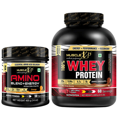 MuscleXP Combo Pack of Amino Blend + Energy Powder Orange (400gm) & 100% Whey Protein Double Chocolate (2kg) - Classic Derma
