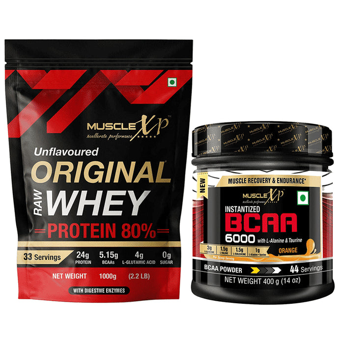MuscleXP Combo Pack of Original Raw Whey Protein Unflavoured (1kg) & BCAA Orange (400gm) - Classic Derma