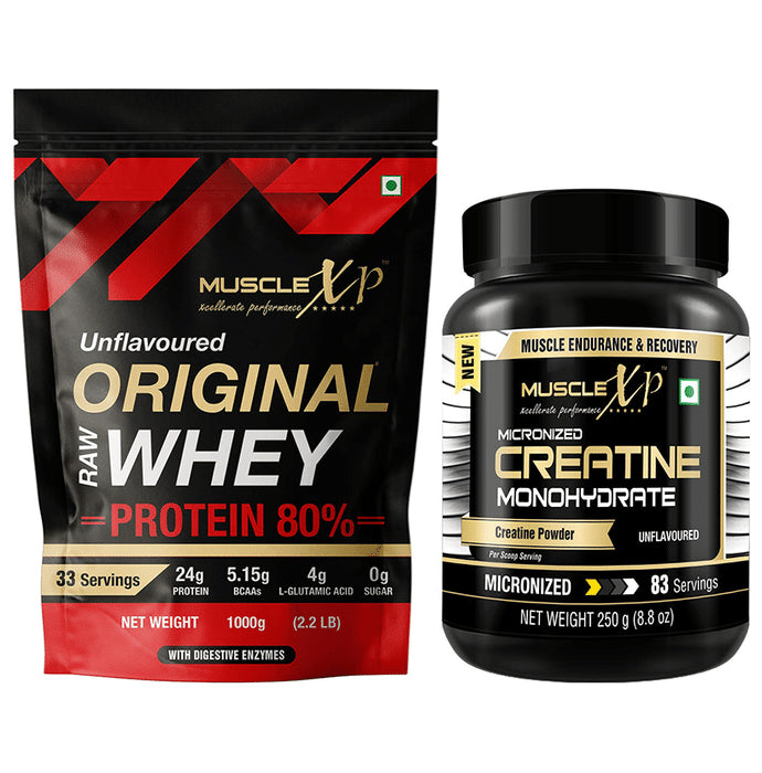 MuscleXP Combo Pack of Original Raw Whey Protein Unflavoured (1kg) & Creatine Monohydrate (250gm) - Classic Derma