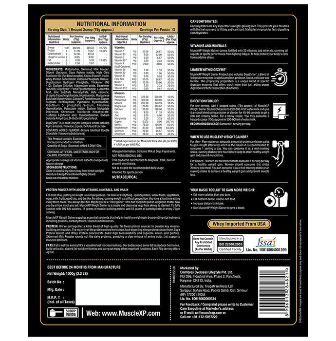 MuscleXP Weight Gainer Protein Powder with 25 Vitamins & Minerals Double Chocolate