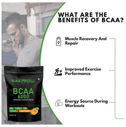 Nakpro Nutrition BCAA 6000 Instantized 2:1:1 BCAA with Creatine Powder Tangy Orange