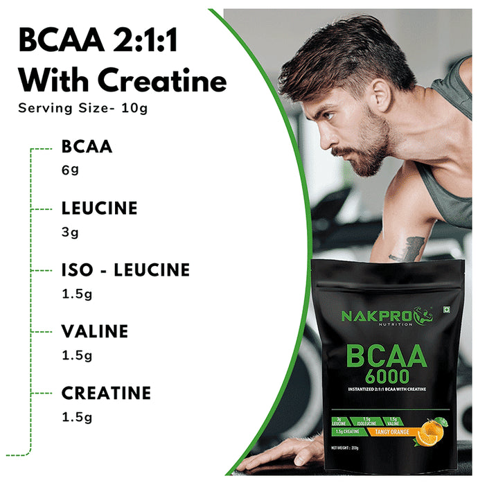 Nakpro Nutrition BCAA 6000 Instantized 2:1:1 BCAA with Creatine Powder Tangy Orange