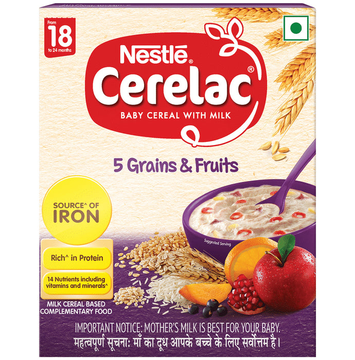Nestle Cerelac Baby Cereal with Iron, Minerals & Vitamins | From 18 to 24 Months | 5 Grains & Fruits - Classic Derma