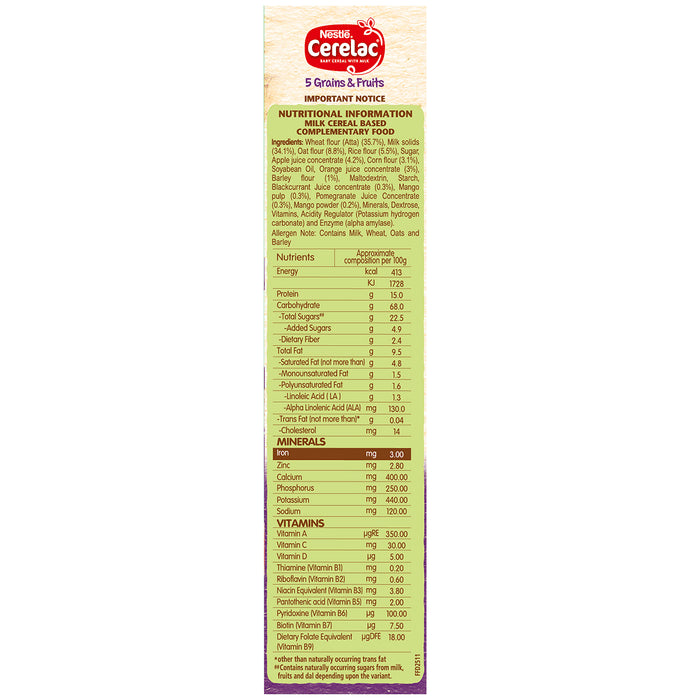 Nestle Cerelac Baby Cereal with Iron, Minerals & Vitamins | From 18 to 24 Months | 5 Grains & Fruits