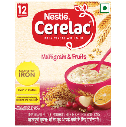 Nestle Cerelac Baby Cereal with Iron, Vitamins & Minerals | From 12 to 24 Months | Multigrain & Fruits - Classic Derma