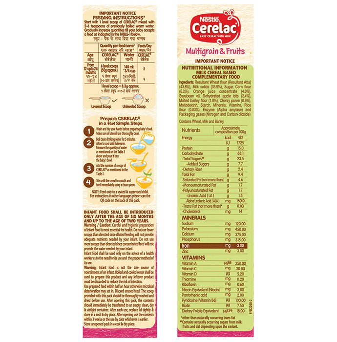 Nestle Cerelac Baby Cereal with Iron, Vitamins & Minerals | From 12 to 24 Months | Multigrain & Fruits