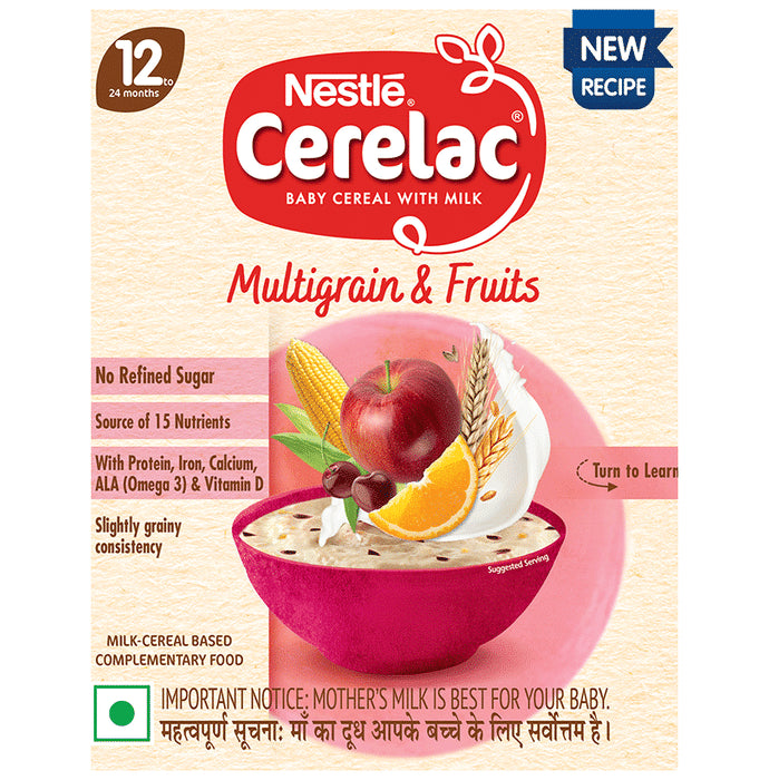 Nestle Cerelac Baby Cereal with Iron, Vitamins & Minerals | From 12 to 24 Months | Multigrain & Fruits No Refined Sugar - Classic Derma