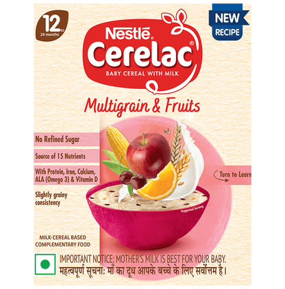 Nestle Cerelac Baby Cereal with Iron, Vitamins & Minerals | From 12 to 24 Months | Multigrain & Fruits No Refined Sugar - Classic Derma
