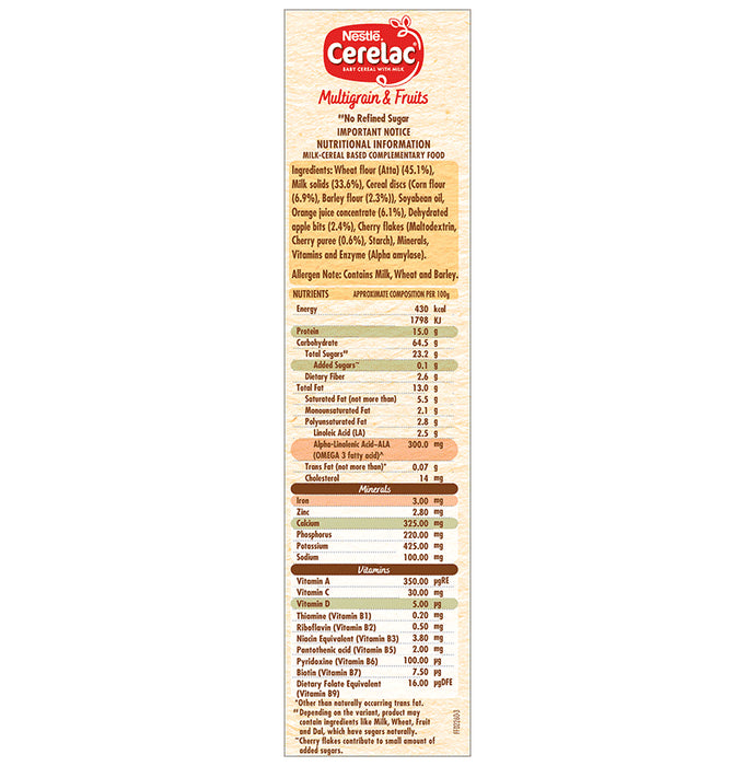Nestle Cerelac Baby Cereal with Iron, Vitamins & Minerals | From 12 to 24 Months | Multigrain & Fruits No Refined Sugar