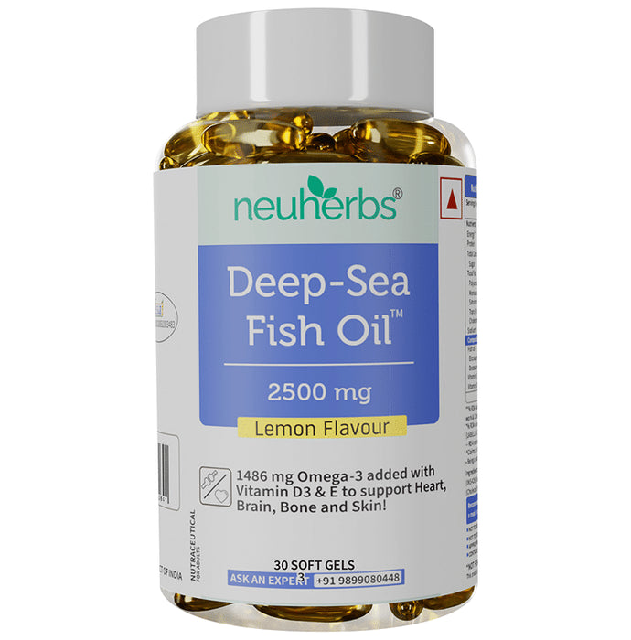 Neuherbs Deep-Sea Fish Oil 2500mg | With Omega 3, Vitamin D3 & E for Heart, Brain, Bone & Skin | Flavour Lemon - Classic Derma