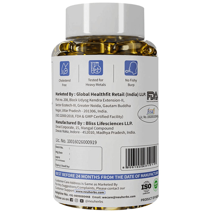 Neuherbs Deep-Sea Fish Oil 2500mg | With Omega 3, Vitamin D3 & E for Heart, Brain, Bone & Skin | Flavour Lemon