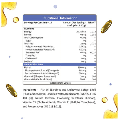 Neuherbs Deep-Sea Fish Oil 2500mg | With Omega 3, Vitamin D3 & E for Heart, Brain, Bone & Skin | Flavour Lemon