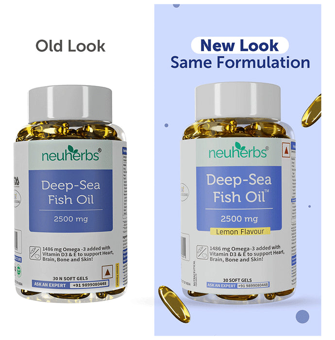 Neuherbs Deep-Sea Fish Oil 2500mg | With Omega 3, Vitamin D3 & E for Heart, Brain, Bone & Skin | Flavour Lemon
