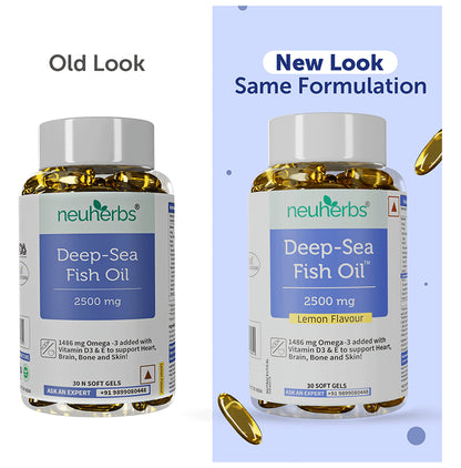 Neuherbs Deep-Sea Fish Oil 2500mg | With Omega 3, Vitamin D3 & E for Heart, Brain, Bone & Skin | Flavour Lemon