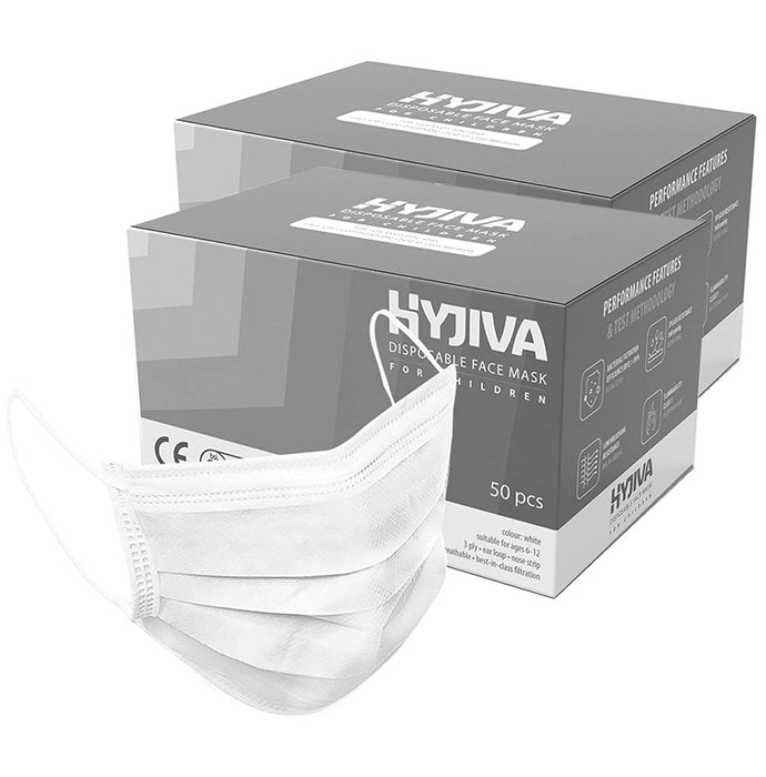 Hyjiva 3 Ply Disposable Face Mask for Children (50 Each) White - Classic Derma