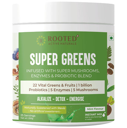 Rooted Active Naturals Super Greens Infused with Super Mushrooms , Enzymes & Probiotic Blend Powder - Classic Derma