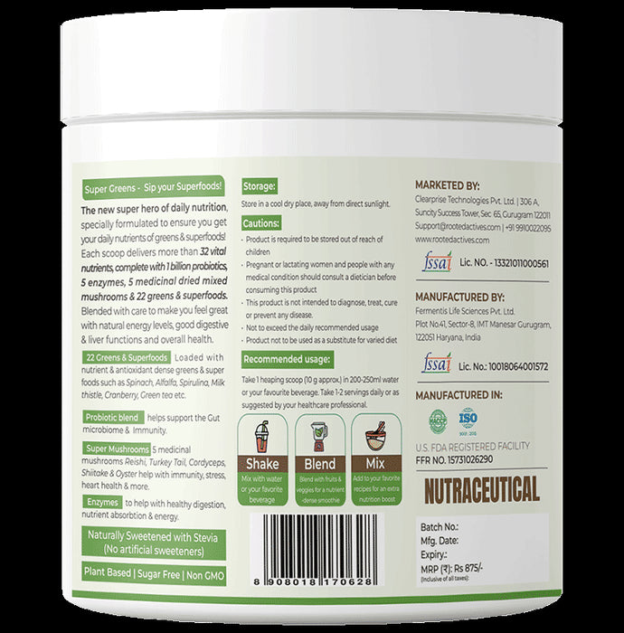 Rooted Active Naturals Super Greens Infused with Super Mushrooms , Enzymes & Probiotic Blend Powder