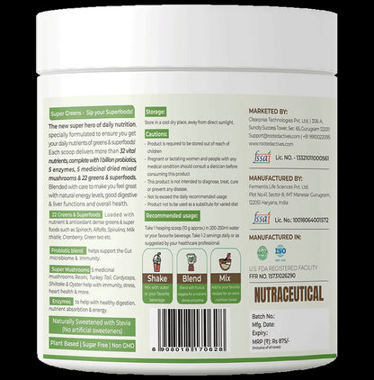 Rooted Active Naturals Super Greens Infused with Super Mushrooms , Enzymes & Probiotic Blend Powder