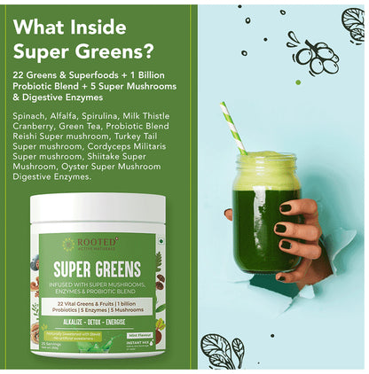 Rooted Active Naturals Super Greens Infused with Super Mushrooms , Enzymes & Probiotic Blend Powder