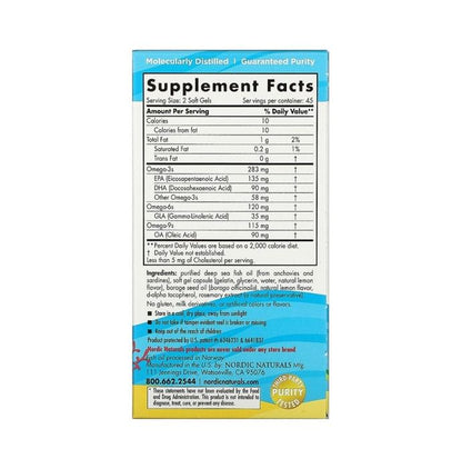 Nordic Naturals Complete Omega JR. 283mg Omega 3 + 35mg GLA Mini Softgel 6-12 yrs Lemon