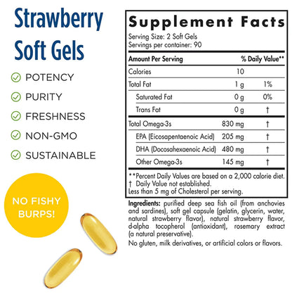 Nordic Naturals DHA 830mg Omega 3 Soft Gels for Brain and Nervous System Support Strawberry