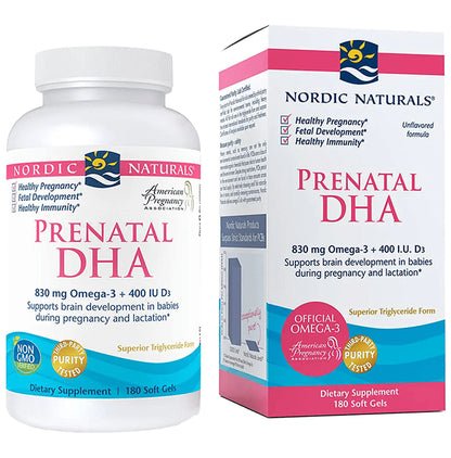 Nordic Naturals Prenatal DHA Omega 3 830mg + D3 400 I.U. Soft Gels for Brain Development in Babies - Classic Derma