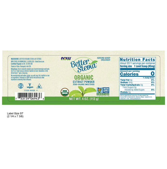 Now Better Stevia Zero-Calorie Sweetener Organic Extract Powder