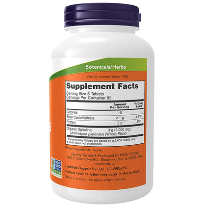 Now Foods Certified Organic Spirulina 500mg Vegetarian Tablet