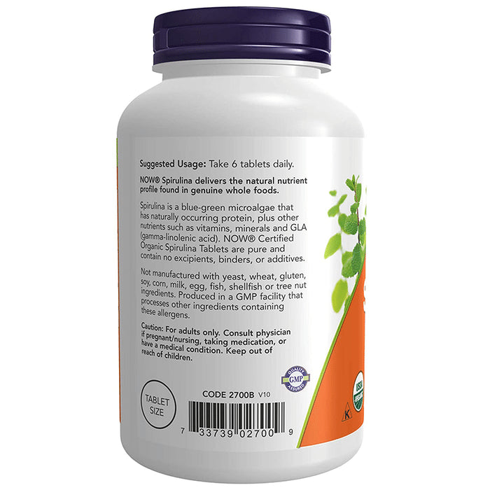 Now Foods Certified Organic Spirulina 500mg Vegetarian Tablet