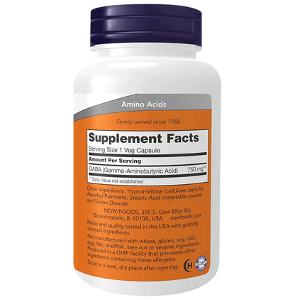 Now Foods GABA (Gamma Aminobutric Acid) 750mg for Neurotransmitter Support | Vegetarian Capsule