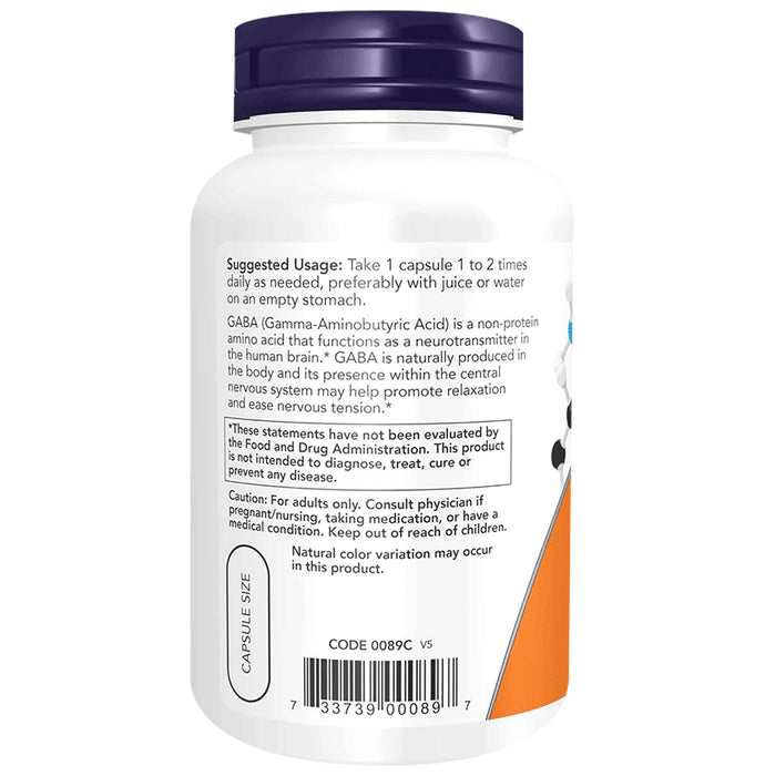 Now Foods GABA (Gamma Aminobutric Acid) 750mg for Neurotransmitter Support | Vegetarian Capsule
