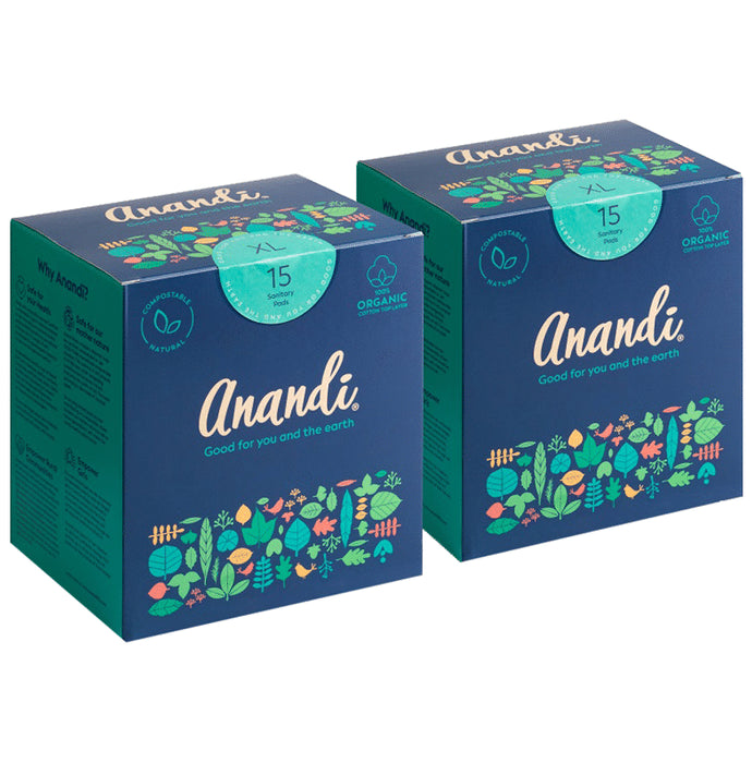 Anandi 100% Organic Cotton Sanitary Pads for Women with Disposal Pouch (15 Each) XL - Classic Derma
